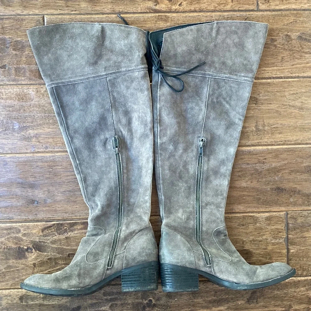 Born Gallinara Boots Women 9 Gray Brown Suede Over the Knee Tall Riding Lace Up